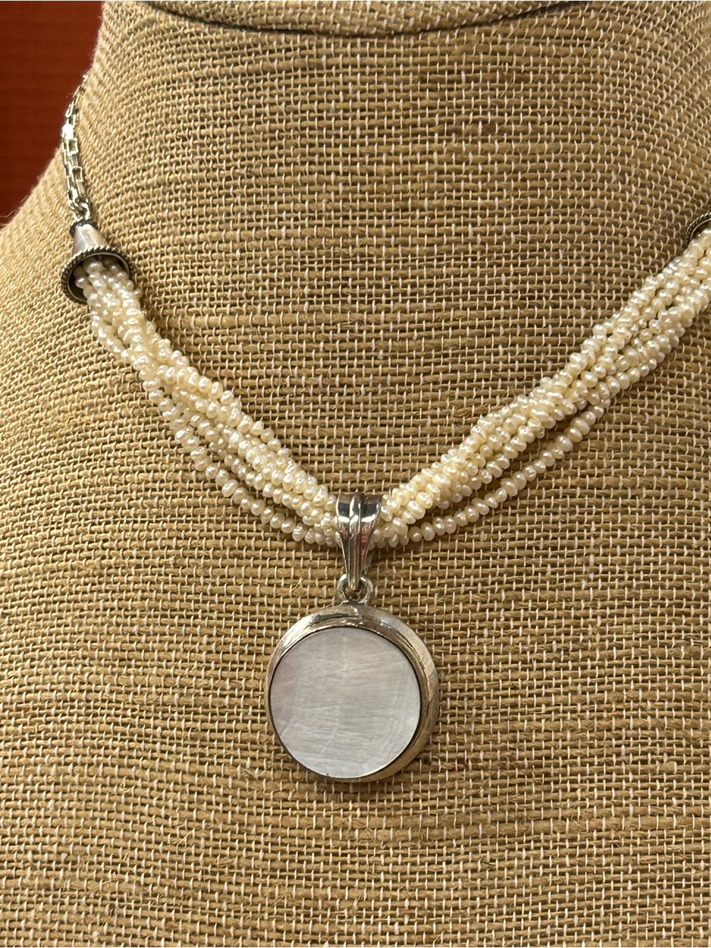 Vintage Sterling Silver genuine seed pearls and Mother of Pearl necklace 16”